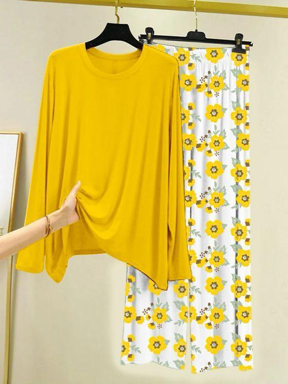 Yellow Plain Shirt with Floral Trouser- 2 Pcs Women’s Stitched Plain Night Suit
