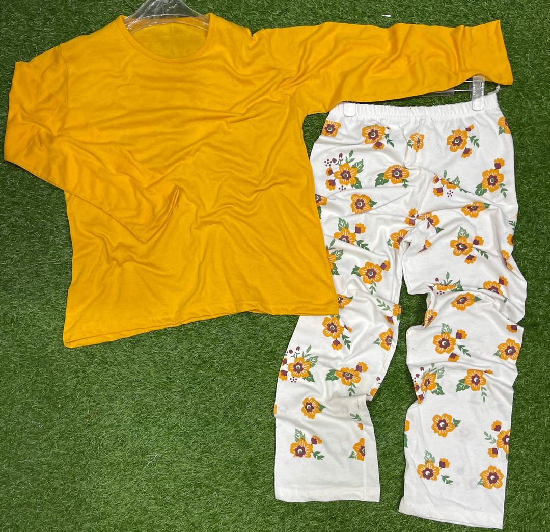 Yellow Plain Shirt with Floral Trouser- 2 Pcs Women’s Stitched Plain Night Suit