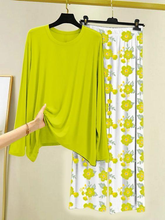 2 Pcs Women’s Stitched Plain Night Suit- Green Plain Shirt with Floral Trouser