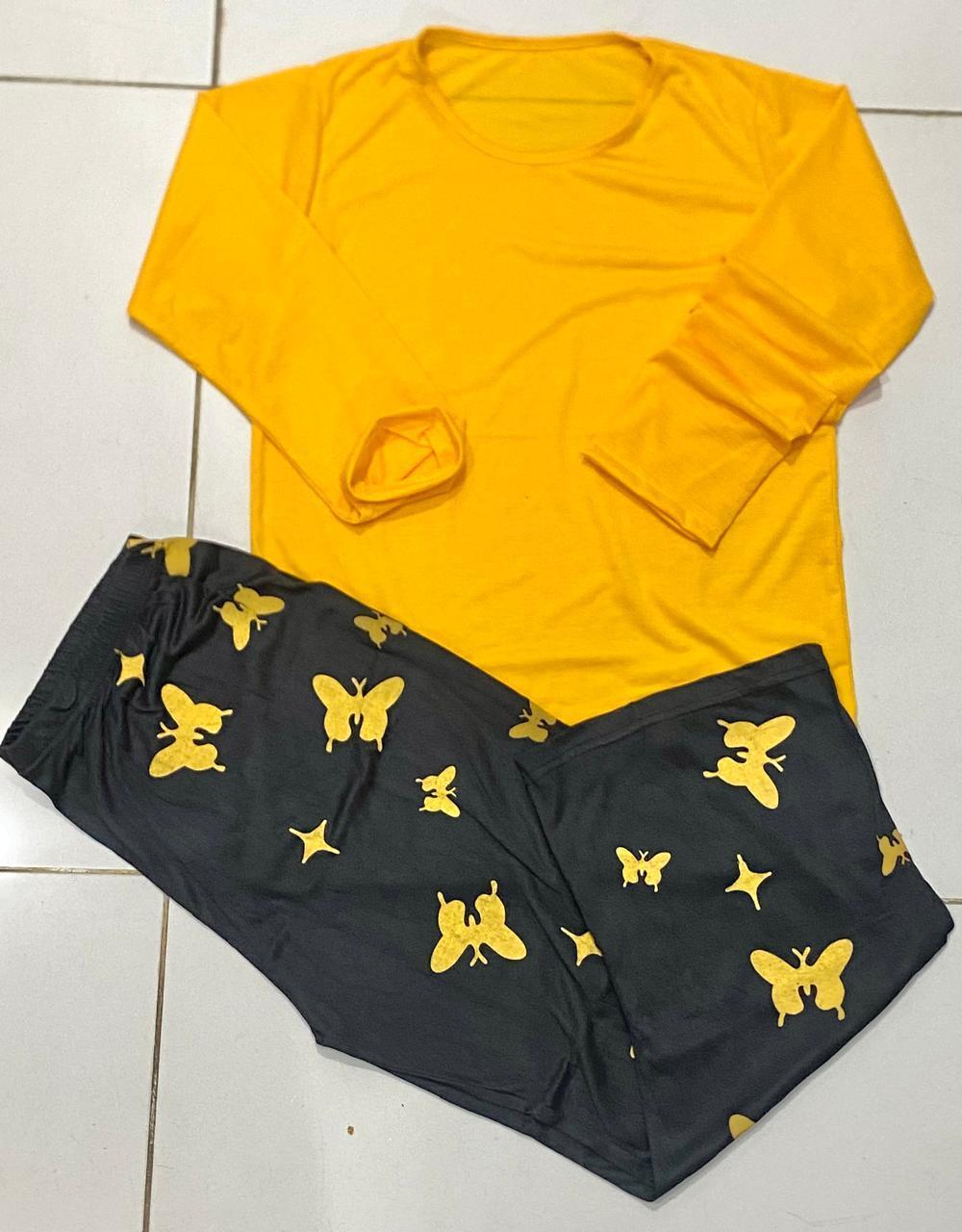 2 Pcs Women’s Stitched Printed Night Suit- Yellow Butterflies