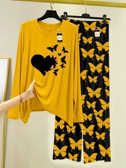 2 Pcs Women’s Stitched Printed Night Suit- Yellow Butterflies