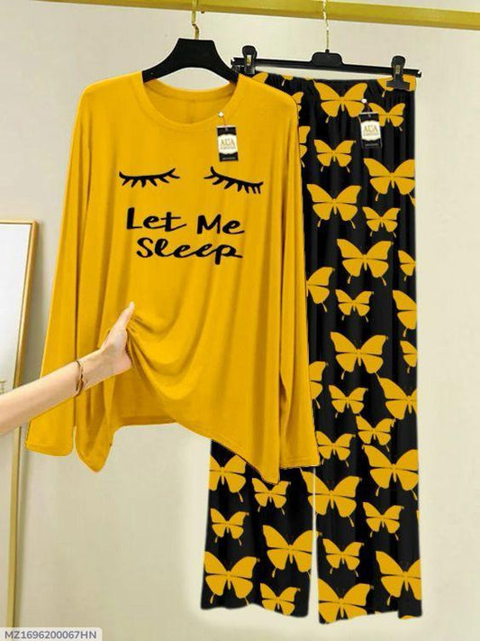 2 Pcs Women’s Stitched Printed Night Suit- Yellow Let me Sleep