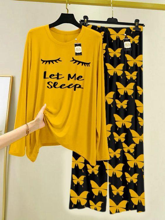 2 Pcs Women’s Stitched Printed Night Suit- Yellow Let me Sleep
