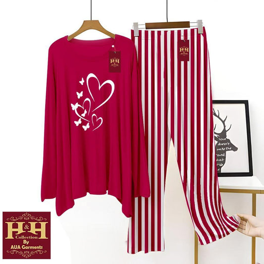 2 Pcs Women’s Stitched Printed Night Suit-Hearts