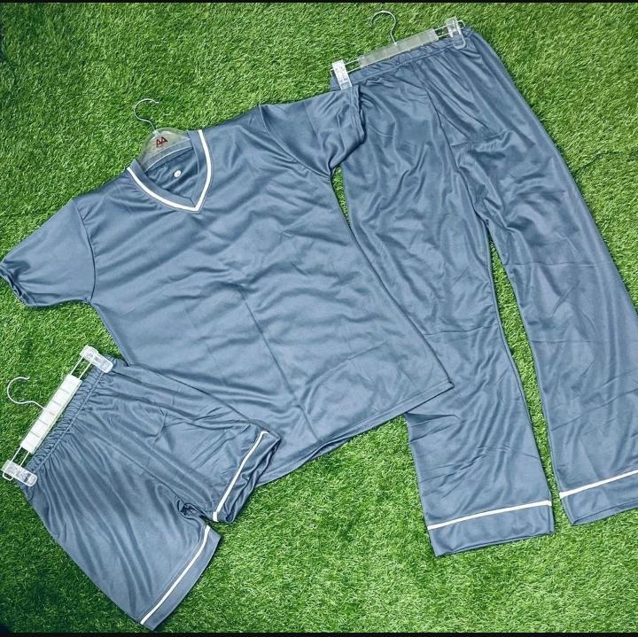3 Pcs Women’s Stitched Plain Night Suit-Gray