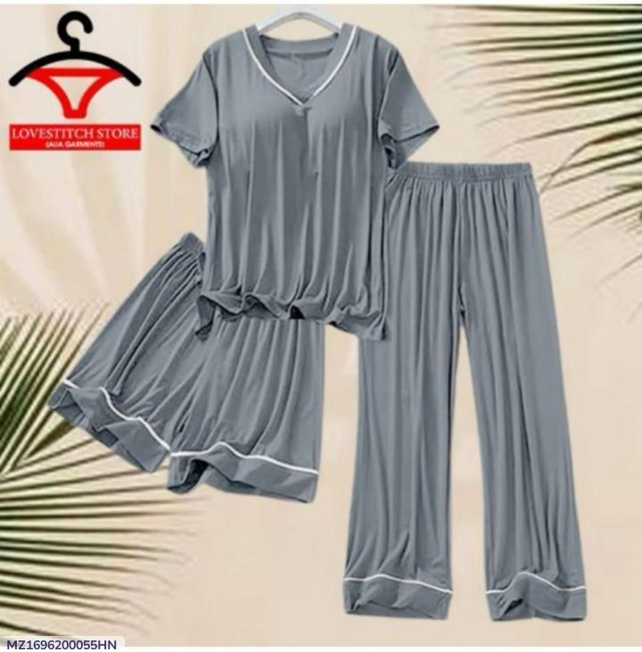 3 Pcs Women’s Stitched Plain Night Suit-Gray