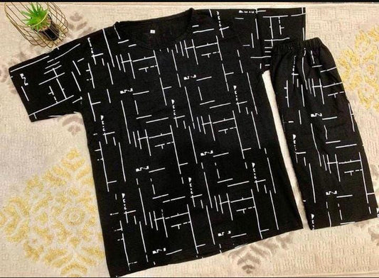 2 Pcs Women’s Stitched Printed Night Suit-Black & White