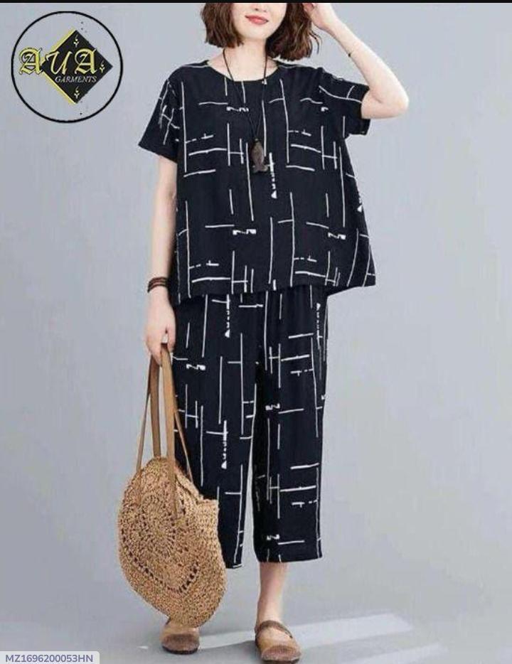 2 Pcs Women’s Stitched Printed Night Suit-Black & White