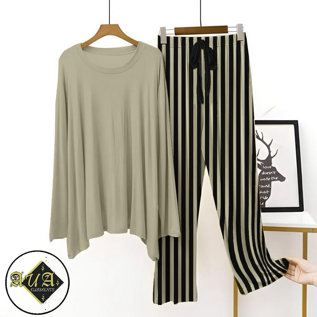 2 Pcs Women’s Stitched Plain Night Suit-Neutral Beige Lining Trouser