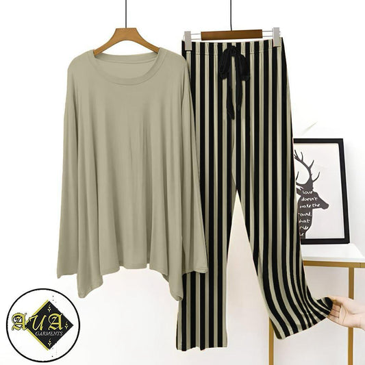 2 Pcs Women’s Stitched Plain Night Suit-Neutral Beige Lining Trouser