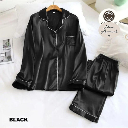 2 Pcs Women’s Stitched Plain Silk Night Suit-Black