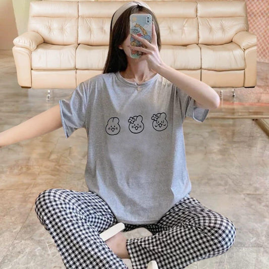 Comfortable 2 Pcs Women’s Stitched Printed Night Suit-Bunnies Printed Shirt