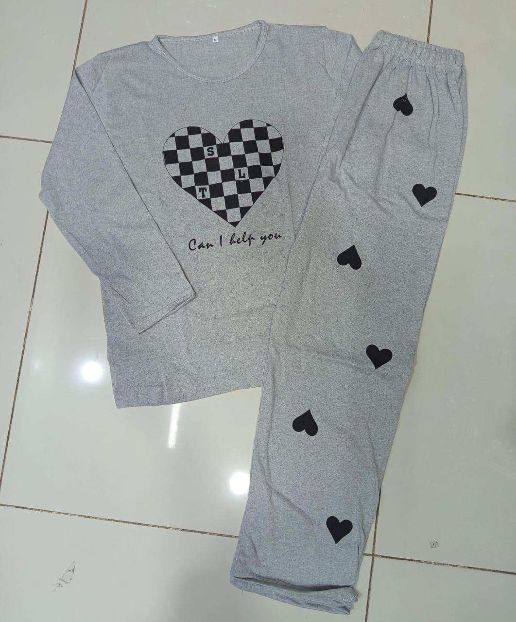 Comfortable 2 Pcs Women’s Stitched Printed Night Suit- Checkered Heart Printed on Shirt