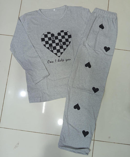 Comfortable 2 Pcs Women’s Stitched Printed Night Suit- Checkered Heart Printed on Shirt