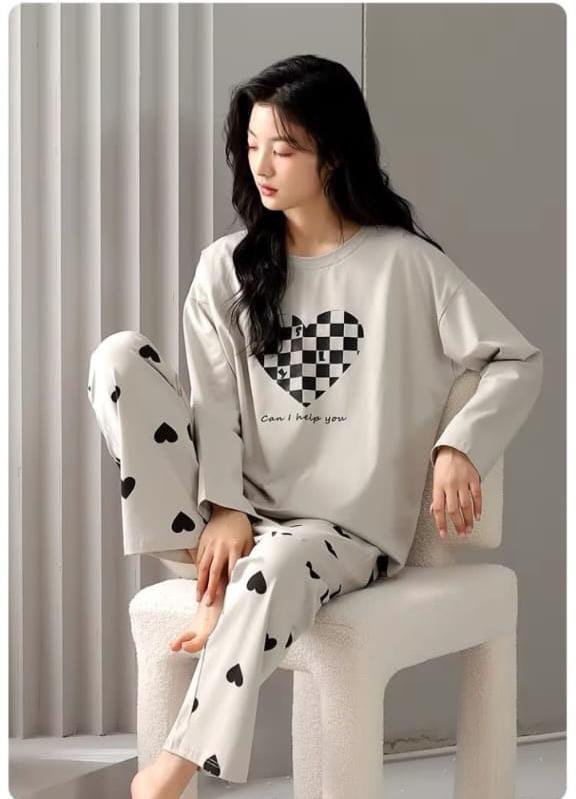 Comfortable 2 Pcs Women’s Stitched Printed Night Suit- Checkered Heart Printed on Shirt