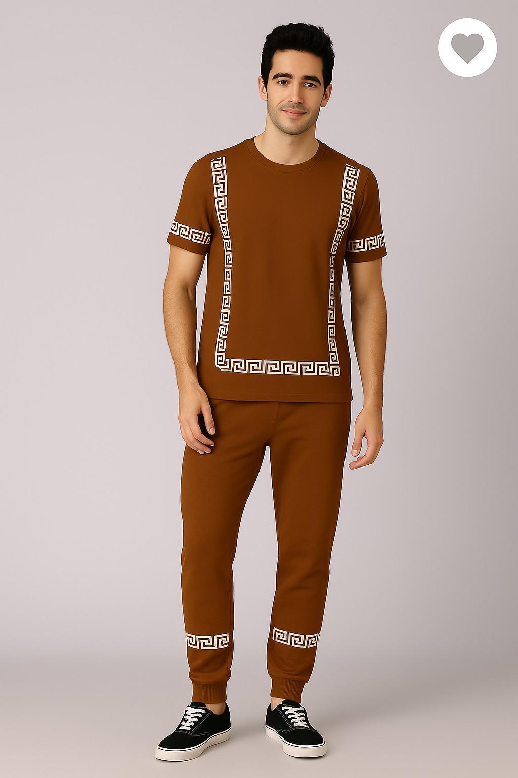 2 Pcs Men's Micro Interlock Printed Track Suit Brown