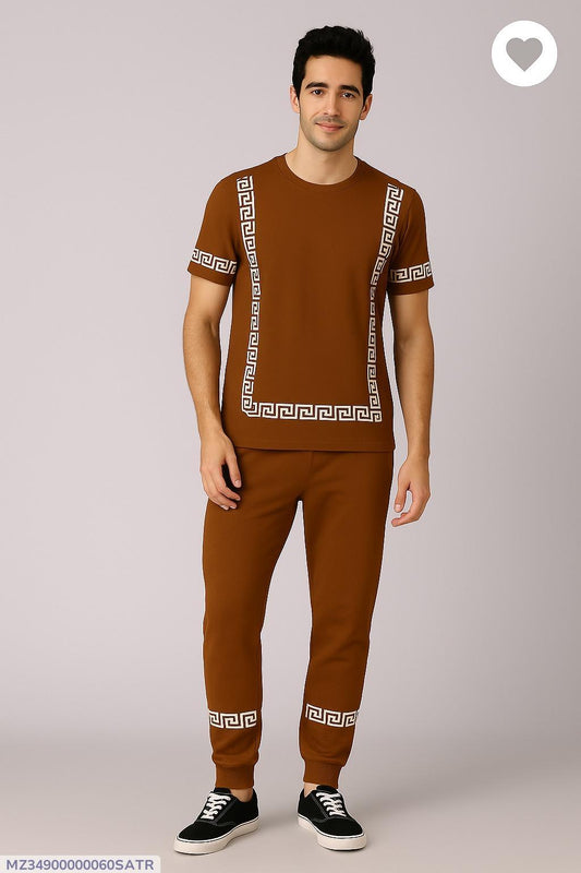 2 Pcs Men's Micro Interlock Printed Track Suit Brown